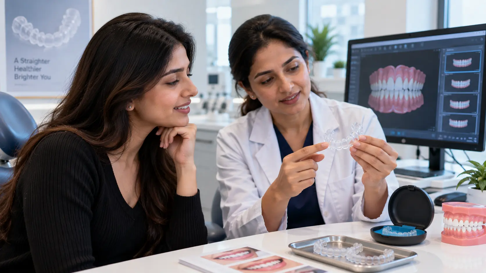 A dentist showing a female patient a transparent invisible aligner tray during a dental consultation.