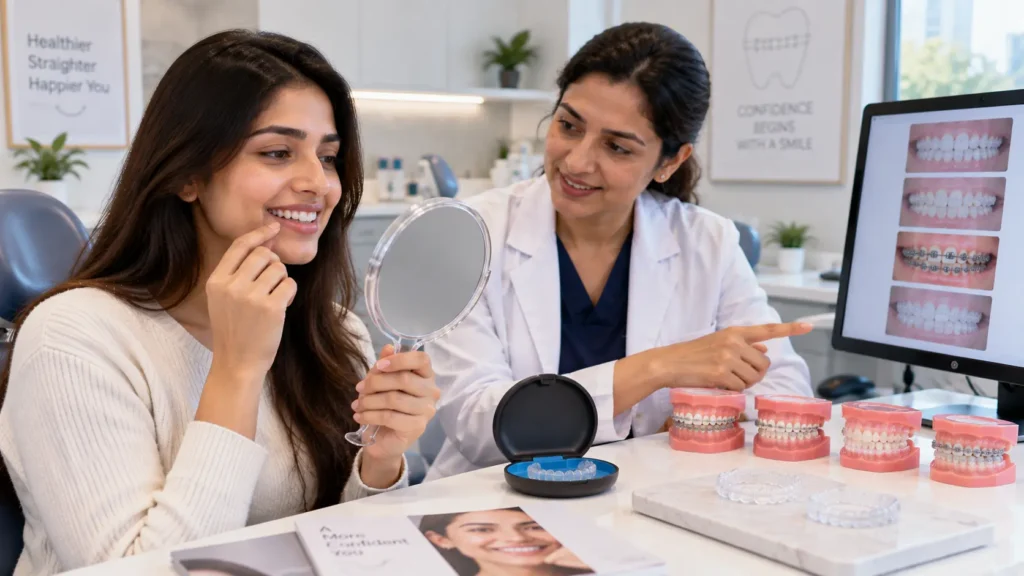 A smiling patient looking in a mirror while a female dentist points out teeth alignment options using invisible aligners and braces models.