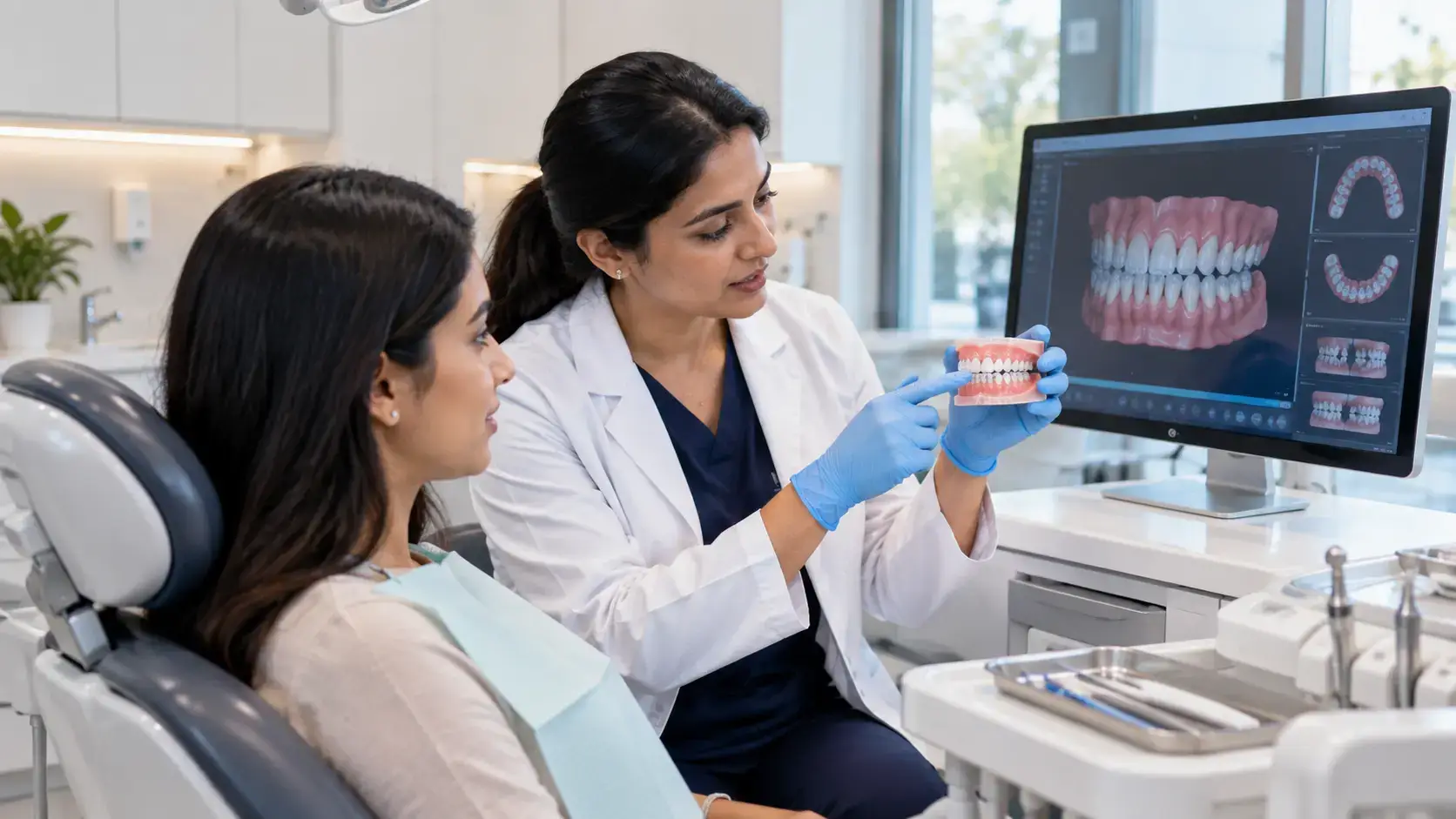 Orthodontist examining a patient's teeth and reviewing orthodontic treatment options