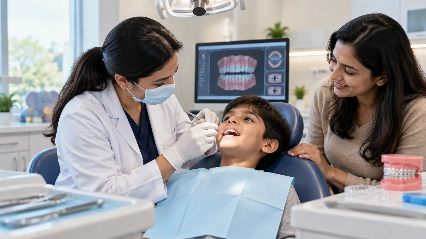 Pediatric orthodontist examining a child's teeth during an orthodontic consultation