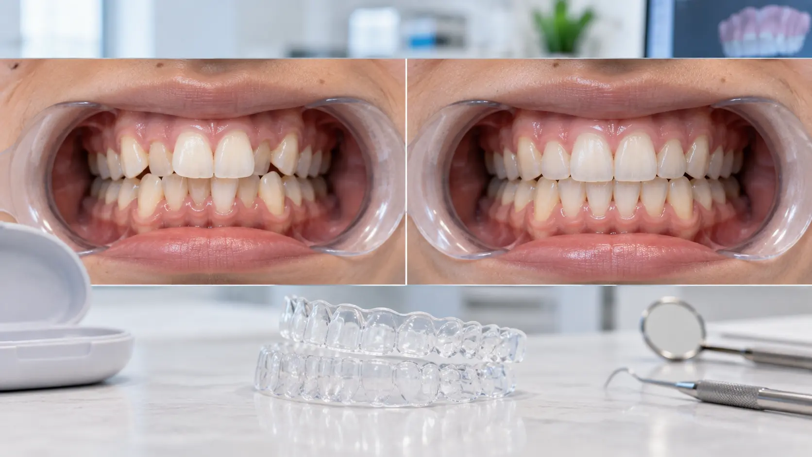 Invisalign before and after showing changes in dental alignment