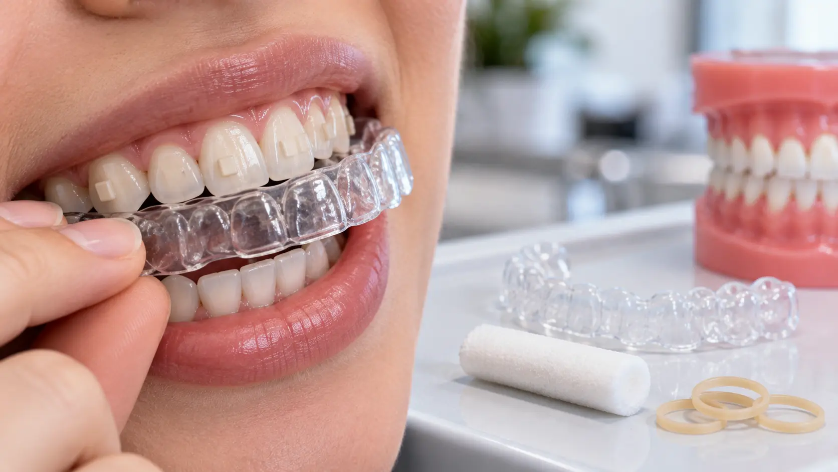 Invisalign attachments with clear aligner and orthodontic elastics